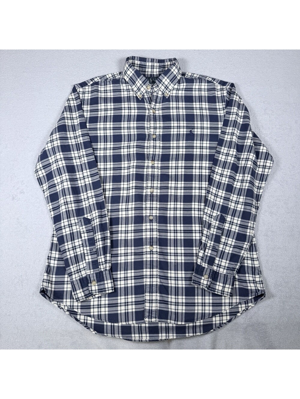 Ralph Lauren Mens Shirt Indigo Oxford Plaid Long Sleeve Button Size Large Pony